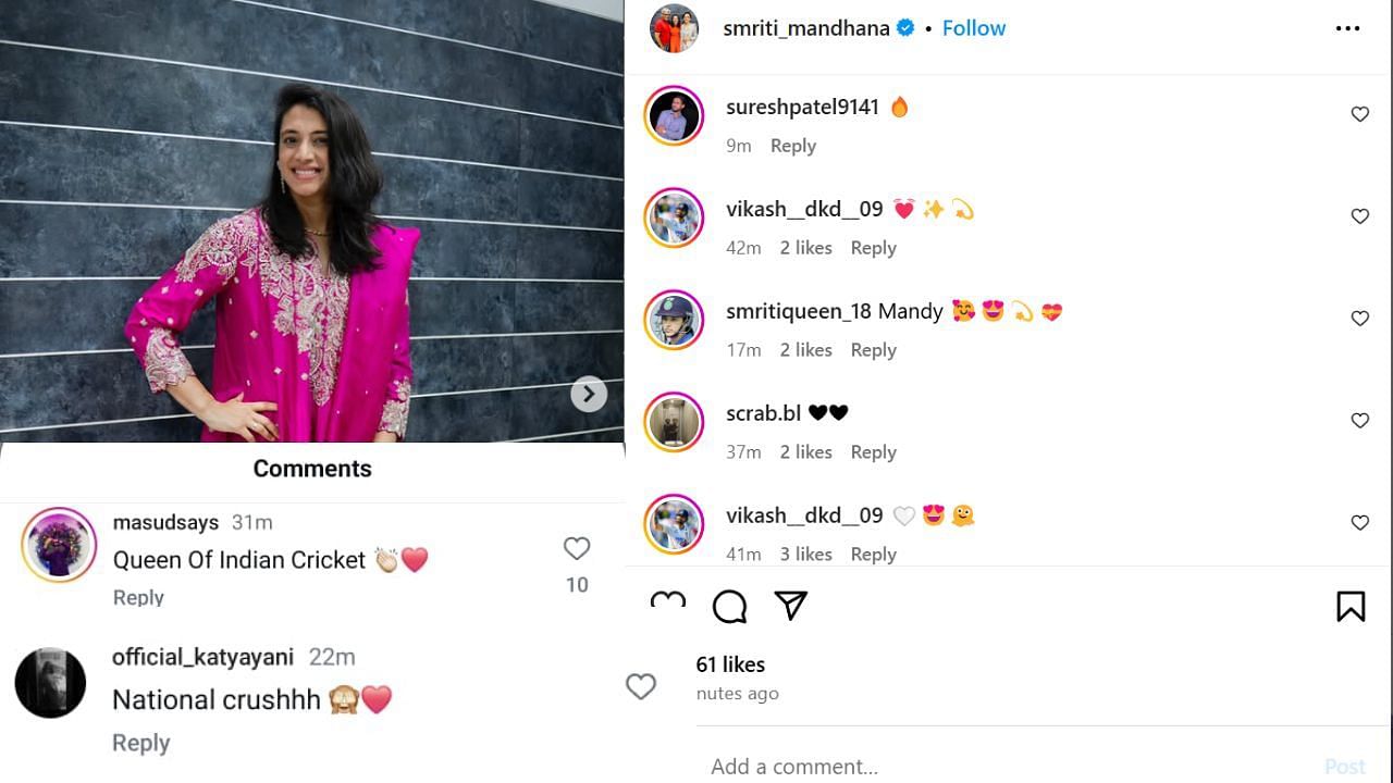 फैंस ने लुटाया प्यार (photo credit: instagram/smriti_mandhana)